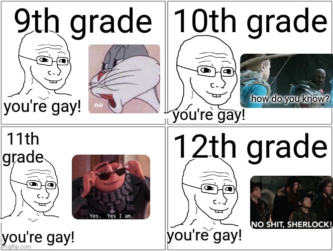 Blank Comic Panel 2x2 Meme | 9th grade; 10th grade; how do you know? you're gay! you're gay! 12th grade; 11th grade; you're gay! you're gay! | image tagged in memes,blank comic panel 2x2 | made w/ Imgflip meme maker