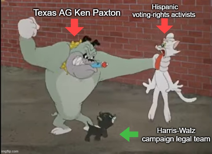 Bad Luck Blackie Voting Rights | Hispanic voting-rights activists; Texas AG Ken Paxton; Harris-Walz campaign legal team | image tagged in bad luck blackie,voter imtimidation,cats,bulldog,i hate donald trump,maga sucks | made w/ Imgflip meme maker