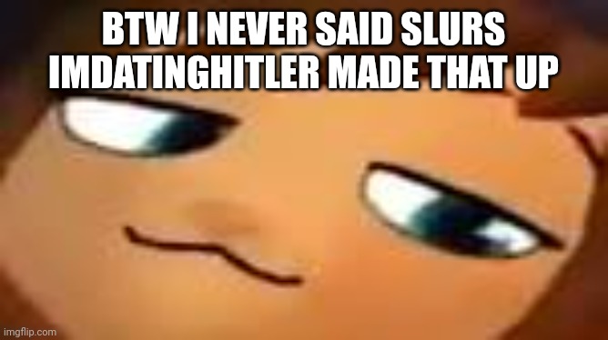 smug hat kid.mp4 | BTW I NEVER SAID SLURS IMDATINGHITLER MADE THAT UP | image tagged in smug hat kid mp4 | made w/ Imgflip meme maker