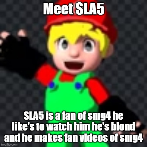 MEET THE SLA5 | Meet SLA5; SLA5 is a fan of smg4 he like's to watch him he's blond and he makes fan videos of smg4 | image tagged in smg4 fan | made w/ Imgflip meme maker