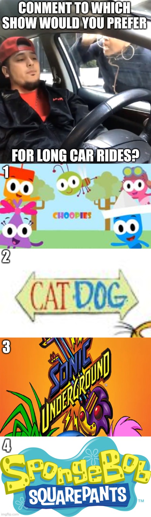 Pick any TV show for long car rides! | CONMENT TO WHICH SHOW WOULD YOU PREFER; FOR LONG CAR RIDES? 1; 2; 3; 4 | image tagged in choopies,catdog,sonic underground,spongebob | made w/ Imgflip meme maker