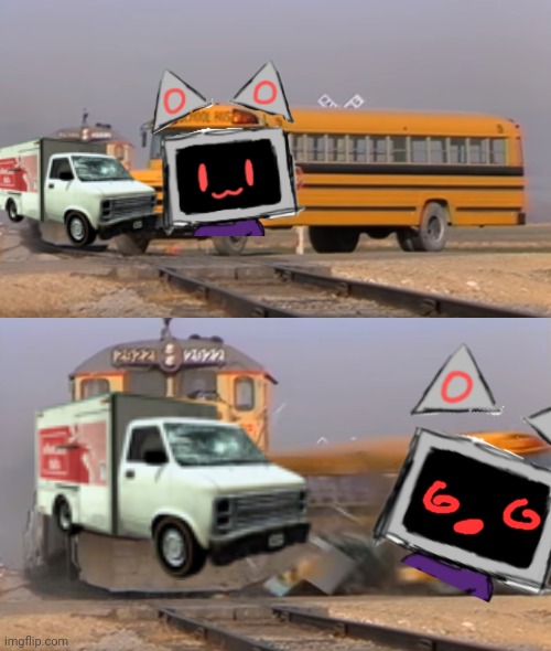 CC's lore in a nutshell: | image tagged in a train hitting a school bus | made w/ Imgflip meme maker