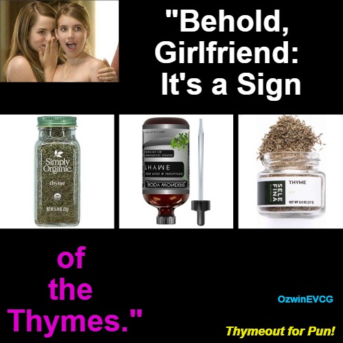 Thymeout for Pun! [. . .Yes That's a Devo Reference!] | "Behold, 

Girlfriend: 

It's a Sign; of 

the 

Thymes."; OzwinEVCG; Thymeout for Pun! | image tagged in girls,gossip,the struggle is real,spices,keeping time,seeing things | made w/ Imgflip meme maker