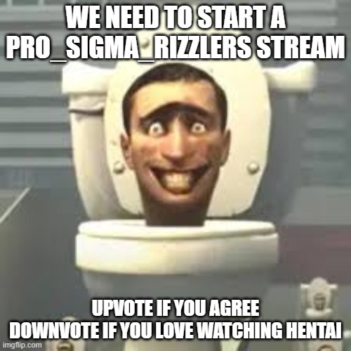 skeebeedee | WE NEED TO START A PRO_SIGMA_RIZZLERS STREAM; UPVOTE IF YOU AGREE
DOWNVOTE IF YOU LOVE WATCHING HENTAI | image tagged in skeebeedee | made w/ Imgflip meme maker