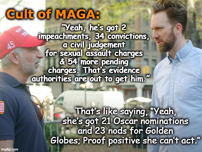 MAGA Cult Excuses | “Yeah, he’s got 2 impeachments, 34 convictions, a civil judgement for sexual assault charges & 54 more pending charges. That’s evidence authorities are out to get him.”; Cult of MAGA:; That’s like saying, “Yeah, she’s got 21 Oscar nominations and 23 nods for Golden Globes; Proof positive she can’t act.” | image tagged in maga,basket of deplorables,gop,trump,deplorable donald,nevertrump meme | made w/ Imgflip meme maker