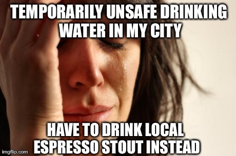 First World Problems Meme | TEMPORARILY UNSAFE DRINKING WATER IN MY CITY HAVE TO DRINK LOCAL ESPRESSO STOUT INSTEAD | image tagged in memes,first world problems | made w/ Imgflip meme maker
