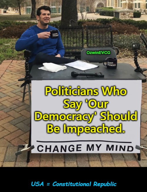 USA = Constitutional Republic | OzwinEVCG; Politicians Who 

Say 'Our 

Democracy' Should 

Be Impeached. USA = Constitutional Republic | image tagged in word games,sounds like communist propaganda,democracies,impeachment,republics,american history | made w/ Imgflip meme maker