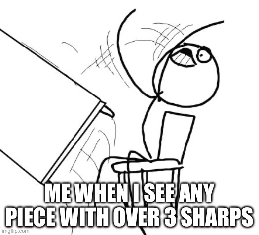 music memes | ME WHEN I SEE ANY PIECE WITH OVER 3 SHARPS | image tagged in memes,table flip guy | made w/ Imgflip meme maker