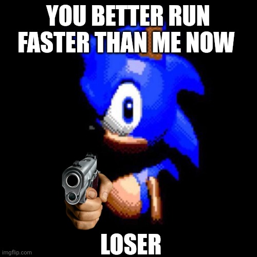 R.U.N | YOU BETTER RUN FASTER THAN ME NOW; LOSER | image tagged in sonic stares deep into your soul | made w/ Imgflip meme maker