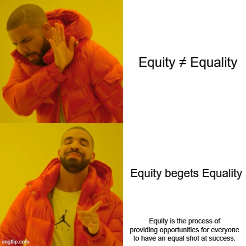 This needs to be said and hasn't been said. | Equity ≠ Equality; Equity begets Equality; Equity is the process of providing opportunities for everyone to have an equal shot at success. | image tagged in memes,drake hotline bling,get it right,dei | made w/ Imgflip meme maker