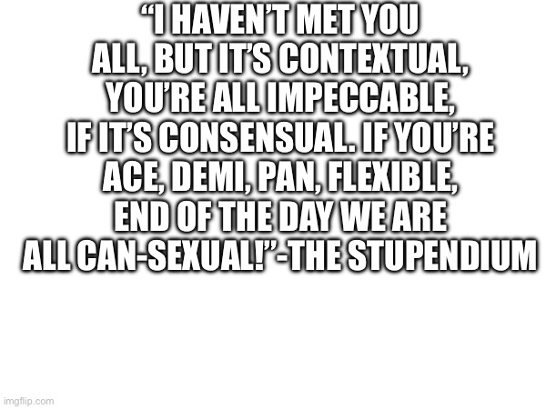 No I will not explain the end | “I HAVEN’T MET YOU ALL, BUT IT’S CONTEXTUAL, YOU’RE ALL IMPECCABLE, IF IT’S CONSENSUAL. IF YOU’RE ACE, DEMI, PAN, FLEXIBLE, END OF THE DAY WE ARE ALL CAN-SEXUAL!”-THE STUPENDIUM | made w/ Imgflip meme maker