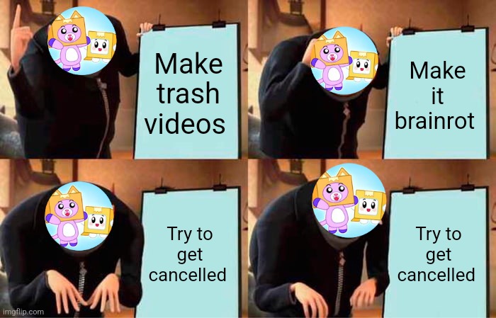 ..Lankybox.. | Make trash videos; Make it brainrot; Try to get cancelled; Try to get cancelled | image tagged in memes,gru's plan | made w/ Imgflip meme maker