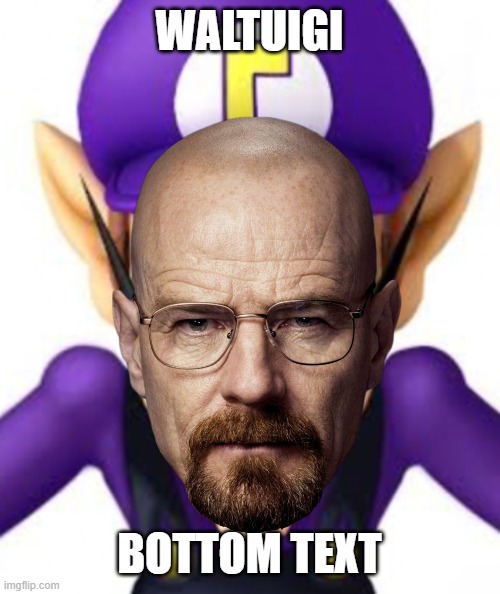 text | WALTUIGI; BOTTOM TEXT | image tagged in waluigi facing front,walter white,waluigi | made w/ Imgflip meme maker