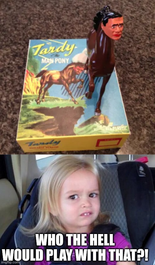 THE MAN PONY | WHO THE HELL WOULD PLAY WITH THAT?! | image tagged in wtf girl,wtf,toys,cursed image,cursed | made w/ Imgflip meme maker