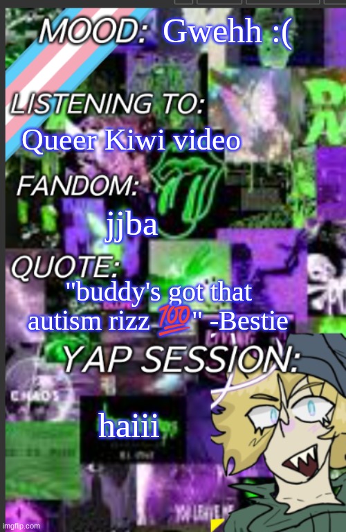 GreyIsNotHot template | Gwehh :(; Queer Kiwi video; jjba; "buddy's got that autism rizz 💯" -Bestie; haiii | image tagged in greyisnothot template | made w/ Imgflip meme maker