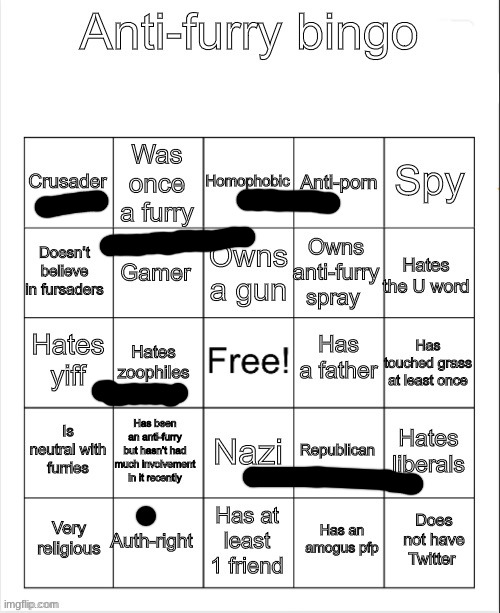 the majority of anti furries be like | image tagged in anti-furry bingo | made w/ Imgflip meme maker