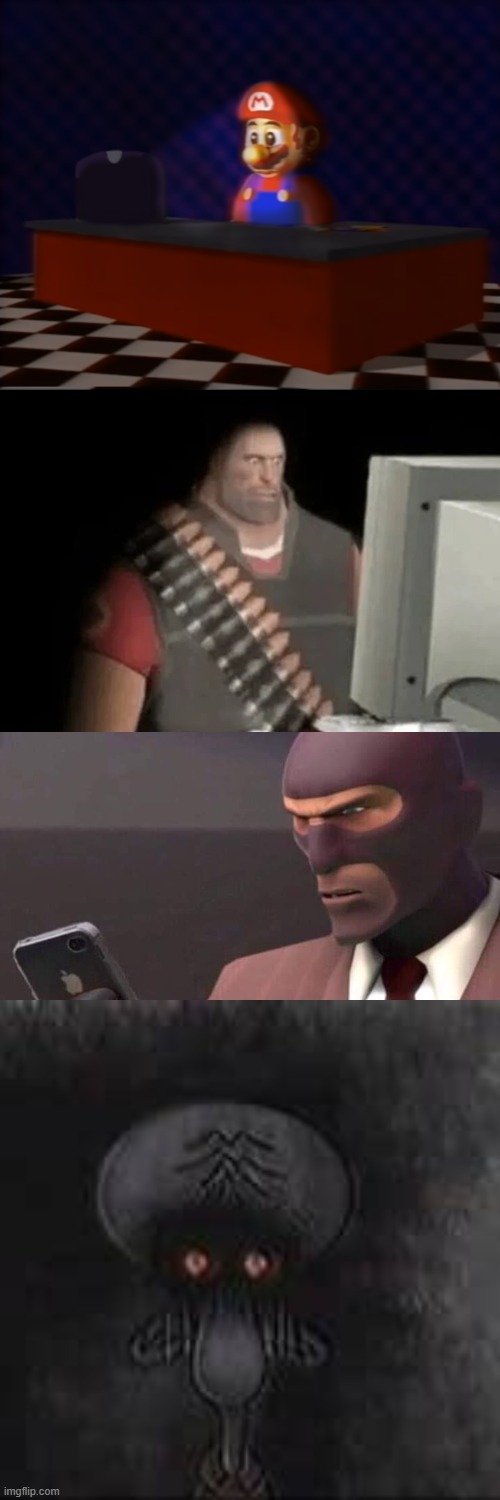 image tagged in sad mario at the computer,heavy from tf2 looking at computer,tf2 spy looking at phone | made w/ Imgflip meme maker