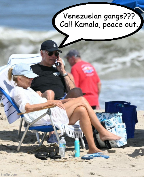 Working Vacation | Venezuelan gangs??? Call Kamala, peace out. | image tagged in joe biden | made w/ Imgflip meme maker