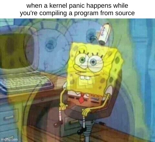 AAAAAHHHH | when a kernel panic happens while you're compiling a program from source | image tagged in spongebob panic inside | made w/ Imgflip meme maker