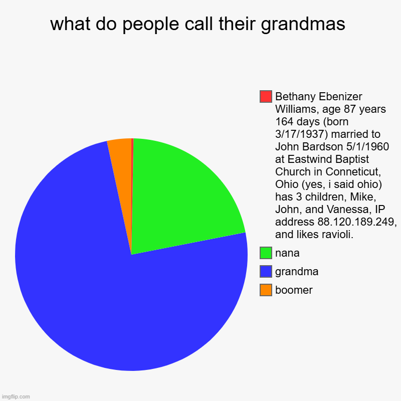 hmmm | what do people call their grandmas | boomer, grandma, nana, Bethany Ebenizer Williams, age 87 years 164 days (born 3/17/1937) married to Joh | image tagged in charts,pie charts,bruh | made w/ Imgflip chart maker