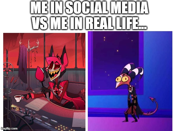 online vs irl | ME IN SOCIAL MEDIA VS ME IN REAL LIFE... | image tagged in hazbin hotel | made w/ Imgflip meme maker