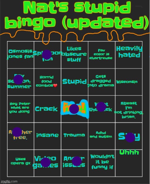 Nat's stupid bingo updated | image tagged in nat's stupid bingo updated | made w/ Imgflip meme maker