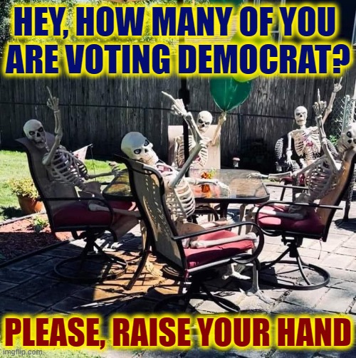 When jokes about the dead voting get this common, it isn't funny | HEY, HOW MANY OF YOU 
ARE VOTING DEMOCRAT? PLEASE, RAISE YOUR HAND | image tagged in vince vance,election fraud,i see dead people,skeletons,voter fraud,memes | made w/ Imgflip meme maker