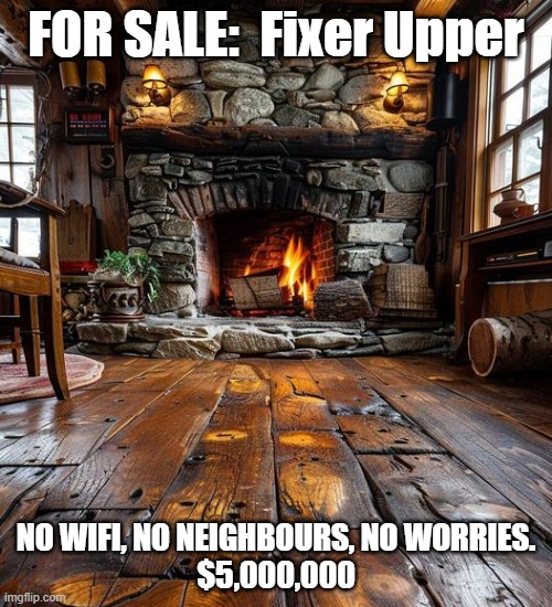 Would You Buy? | FOR SALE:  Fixer Upper; NO WIFI, NO NEIGHBOURS, NO WORRIES.
$5,000,000 | image tagged in rustic cabins,no wifi,real estate | made w/ Imgflip meme maker