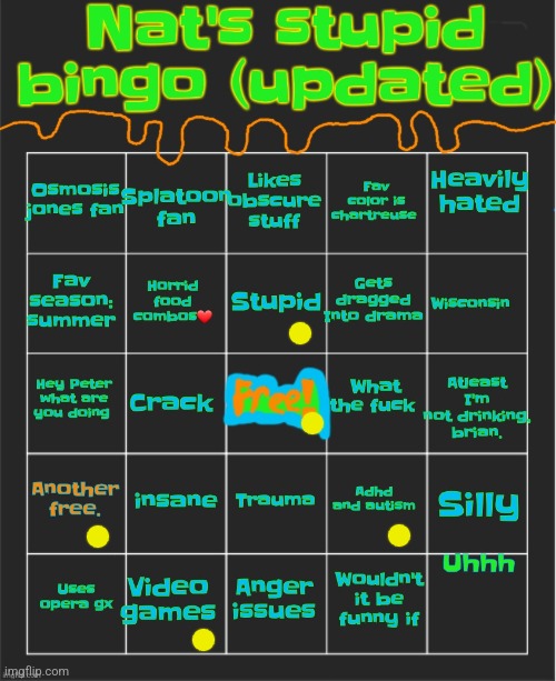 Nat's stupid bingo updated | image tagged in nat's stupid bingo updated | made w/ Imgflip meme maker