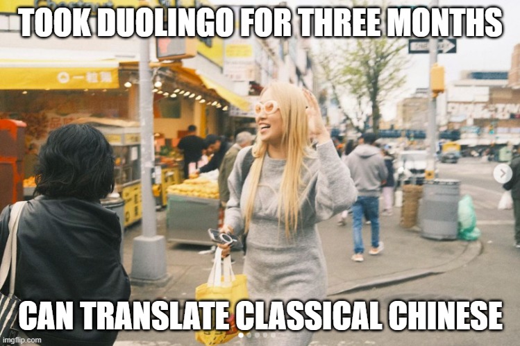 I AM NATIVELY FLUENT | TOOK DUOLINGO FOR THREE MONTHS; CAN TRANSLATE CLASSICAL CHINESE | image tagged in i'm natively fluent | made w/ Imgflip meme maker