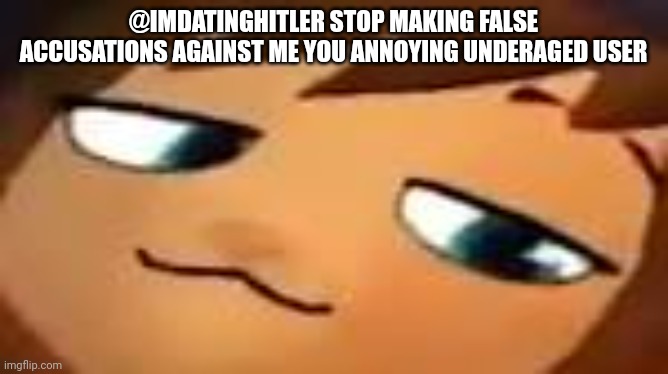 smug hat kid.mp4 | @IMDATINGHITLER STOP MAKING FALSE ACCUSATIONS AGAINST ME YOU ANNOYING UNDERAGED USER | image tagged in smug hat kid mp4 | made w/ Imgflip meme maker