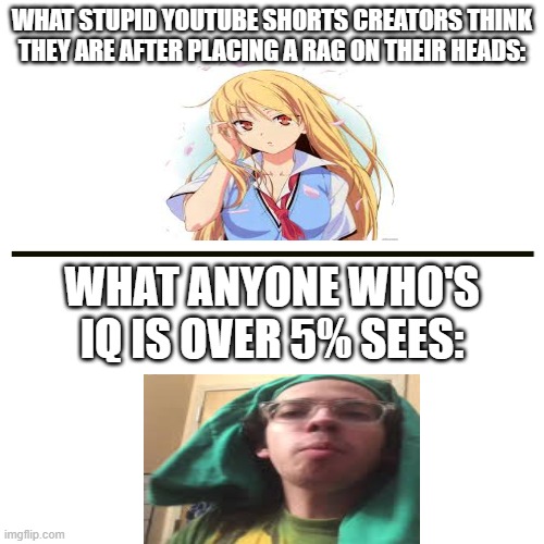 Like, dude how are they that stupid to think putting a rag on their heads changes their gender? | WHAT STUPID YOUTUBE SHORTS CREATORS THINK THEY ARE AFTER PLACING A RAG ON THEIR HEADS:; WHAT ANYONE WHO'S IQ IS OVER 5% SEES: | image tagged in youtube shorts,tiktok | made w/ Imgflip meme maker