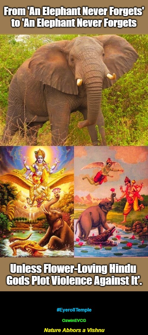 Nature Abhors Old or / and New Versions...? | From 'An Elephant Never Forgets' 

to 'An Elephant Never Forgets; Unless Flower-Loving Hindu 

Gods Plot Violence Against It'. #EyerollTemple; OzwinEVCG; Nature Abhors a Vishnu | image tagged in famous sayings,animals,memories,hinduism,mother nature,vacuum cleaner | made w/ Imgflip meme maker