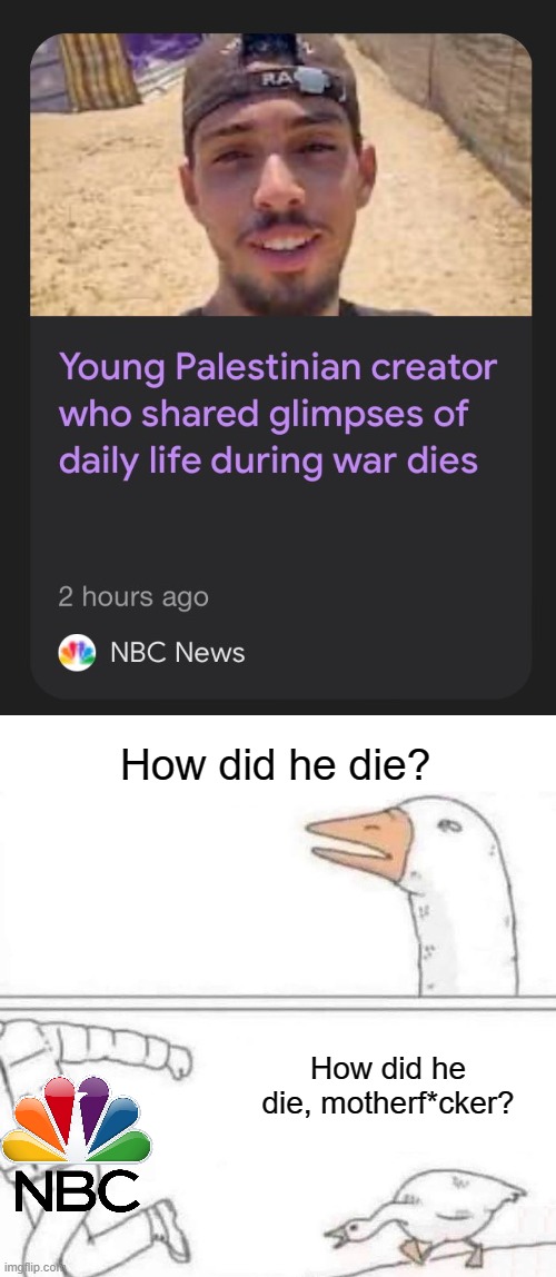 That passive voice has really been coming in clutch for the mainstream media. | How did he die? How did he die, motherf*cker? | image tagged in goose chase,israel,palestine,genocide | made w/ Imgflip meme maker