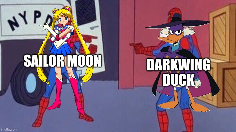 spiderman pointing at spiderman | SAILOR MOON DARKWING DUCK | image tagged in spiderman pointing at spiderman | made w/ Imgflip meme maker