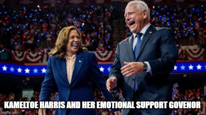 Kamala Harris and Tim Walz | KAMELTOE HARRIS AND HER EMOTIONAL SUPPORT GOVENOR | image tagged in kamala harris and tim walz | made w/ Imgflip meme maker