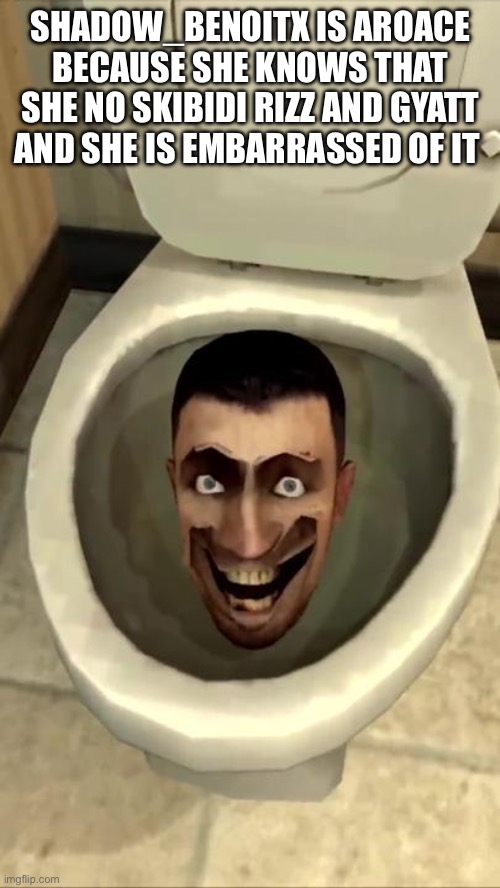 Skibidi toilet | SHADOW_BENOITX IS AROACE BECAUSE SHE KNOWS THAT SHE NO SKIBIDI RIZZ AND GYATT AND SHE IS EMBARRASSED OF IT | image tagged in skibidi toilet | made w/ Imgflip meme maker