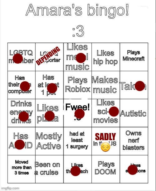 Amara's bingo | DEPENDING; SADLY 😔 | image tagged in amara's bingo | made w/ Imgflip meme maker