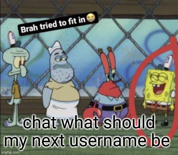 brah tried to fit in | chat what should my next username be | image tagged in brah tried to fit in | made w/ Imgflip meme maker