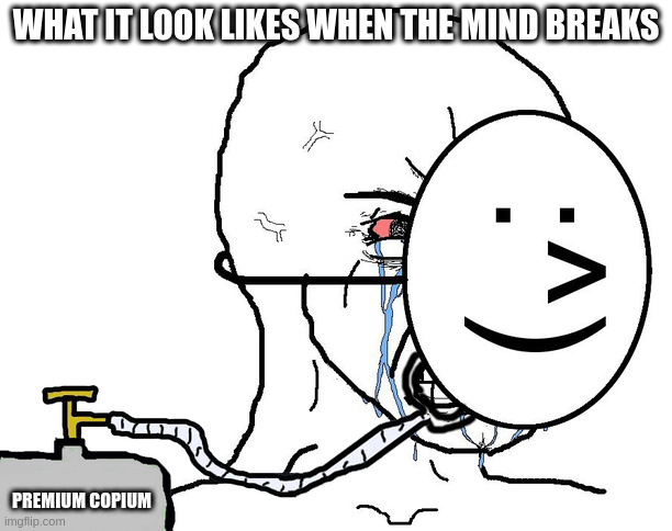 Soyboy Copium | WHAT IT LOOK LIKES WHEN THE MIND BREAKS; PREMIUM COPIUM | image tagged in soyboy copium | made w/ Imgflip meme maker