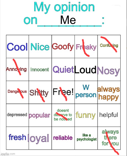 My opinion on ___ bingo by owu | Me | image tagged in my opinion on ___ bingo by owu | made w/ Imgflip meme maker