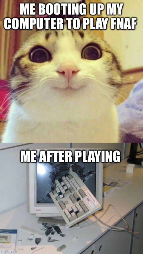 ME BOOTING UP MY COMPUTER TO PLAY FNAF; ME AFTER PLAYING | image tagged in memes,smiling cat,broken computer | made w/ Imgflip meme maker