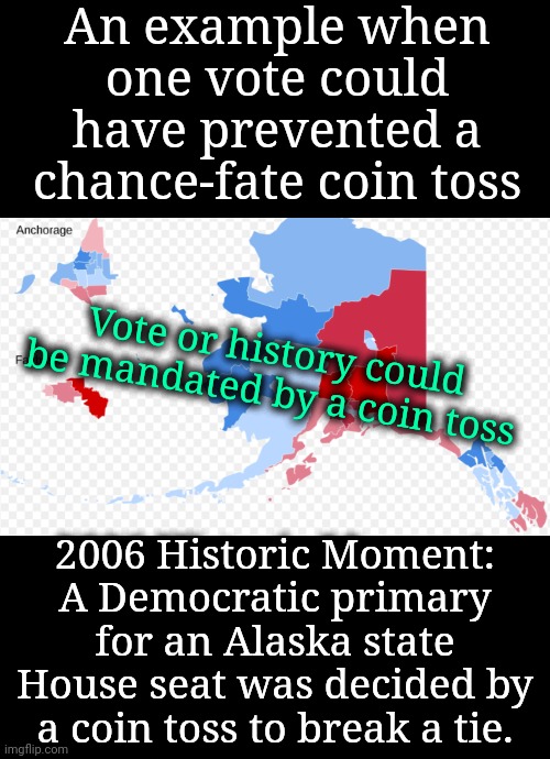 It's Not Just About the Presidential Election: the 2024 Ballot Includes Other Issues | An example when one vote could have prevented a chance-fate coin toss; Vote or history could be mandated by a coin toss; 2006 Historic Moment: A Democratic primary for an Alaska state House seat was decided by a coin toss to break a tie. | image tagged in coin toss,dnc,msnbc,vote,democracy,young voices matter | made w/ Imgflip meme maker