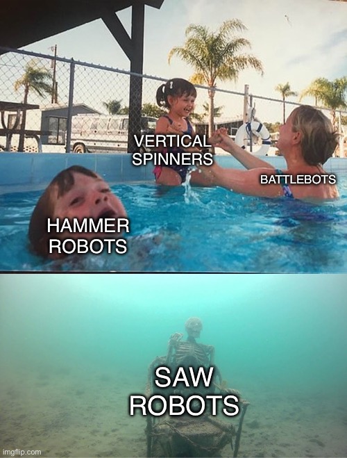 Mother Ignoring Kid Drowning In A Pool | VERTICAL SPINNERS; BATTLEBOTS; HAMMER ROBOTS; SAW ROBOTS | image tagged in mother ignoring kid drowning in a pool | made w/ Imgflip meme maker