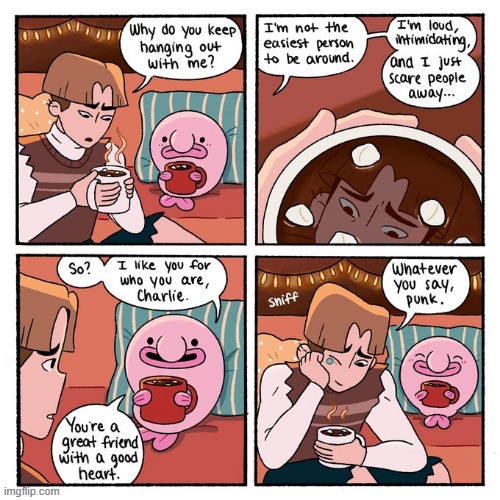 image tagged in hanging out,hot chocolate,friend,heart,punk,blobfish | made w/ Imgflip meme maker