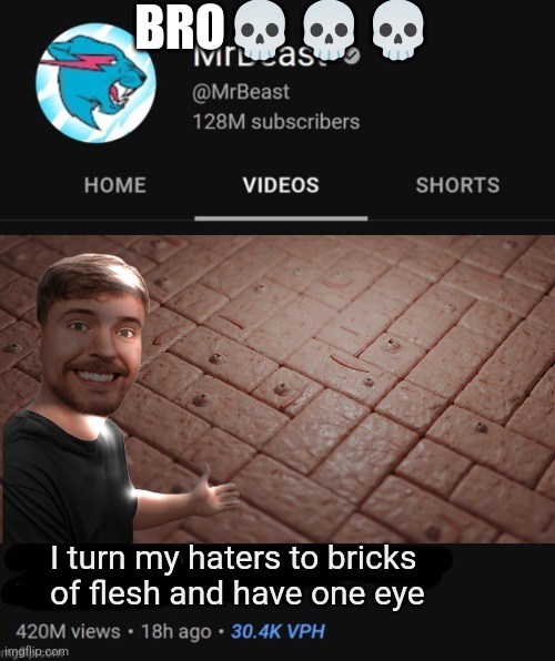 Very funny meme | BRO💀💀💀; I turn my haters to bricks of flesh and have one eye | image tagged in mrbeast thumbnail template | made w/ Imgflip meme maker