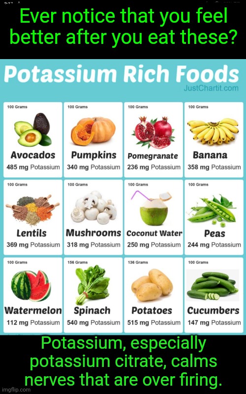 Potassium Eases Neurodivergence Symptoms | Ever notice that you feel better after you eat these? Potassium, especially potassium citrate, calms nerves that are over firing. | image tagged in neurodivergence | made w/ Imgflip meme maker