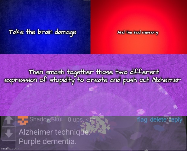 Take the brain damage; And the bad memory; Then smash together those two different expression of stupidity to create and push out Alzheimer | image tagged in blue background,red background,alzheimer-gojo in jujutsu-dementia | made w/ Imgflip meme maker