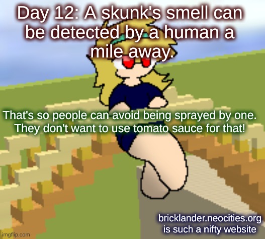 Day 12: Skunky Stuff | Day 12: A skunk's smell can 
be detected by a human a 
mile away. That's so people can avoid being sprayed by one.
They don't want to use tomato sauce for that! bricklander.neocities.org is such a nifty website | image tagged in nice,stuff | made w/ Imgflip meme maker