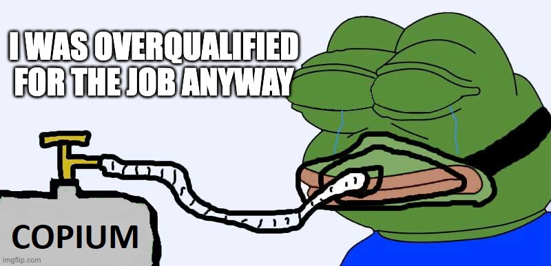 Laid off or job application rejected | I WAS OVERQUALIFIED FOR THE JOB ANYWAY | image tagged in pepe copium | made w/ Imgflip meme maker